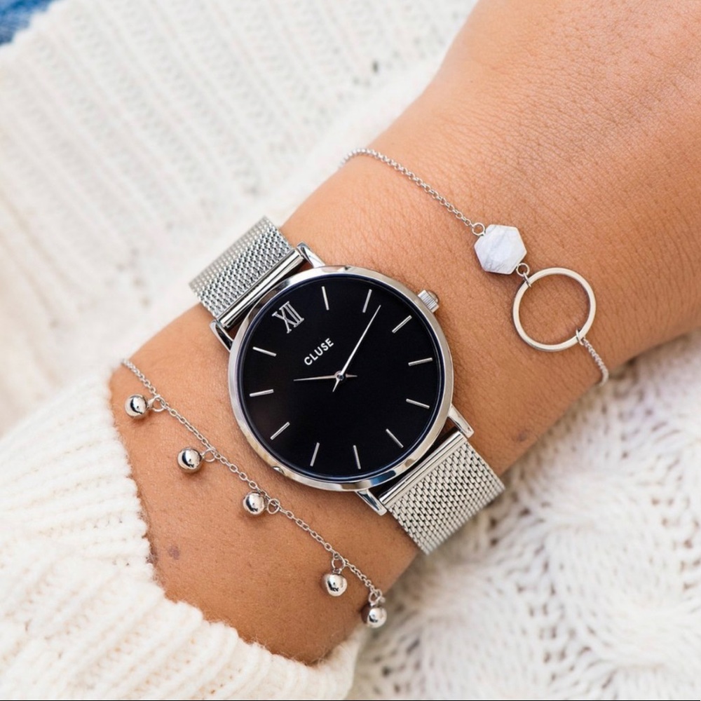 CLUSE UNISEX MESH WATCH SILVER WITH BLACK FACE